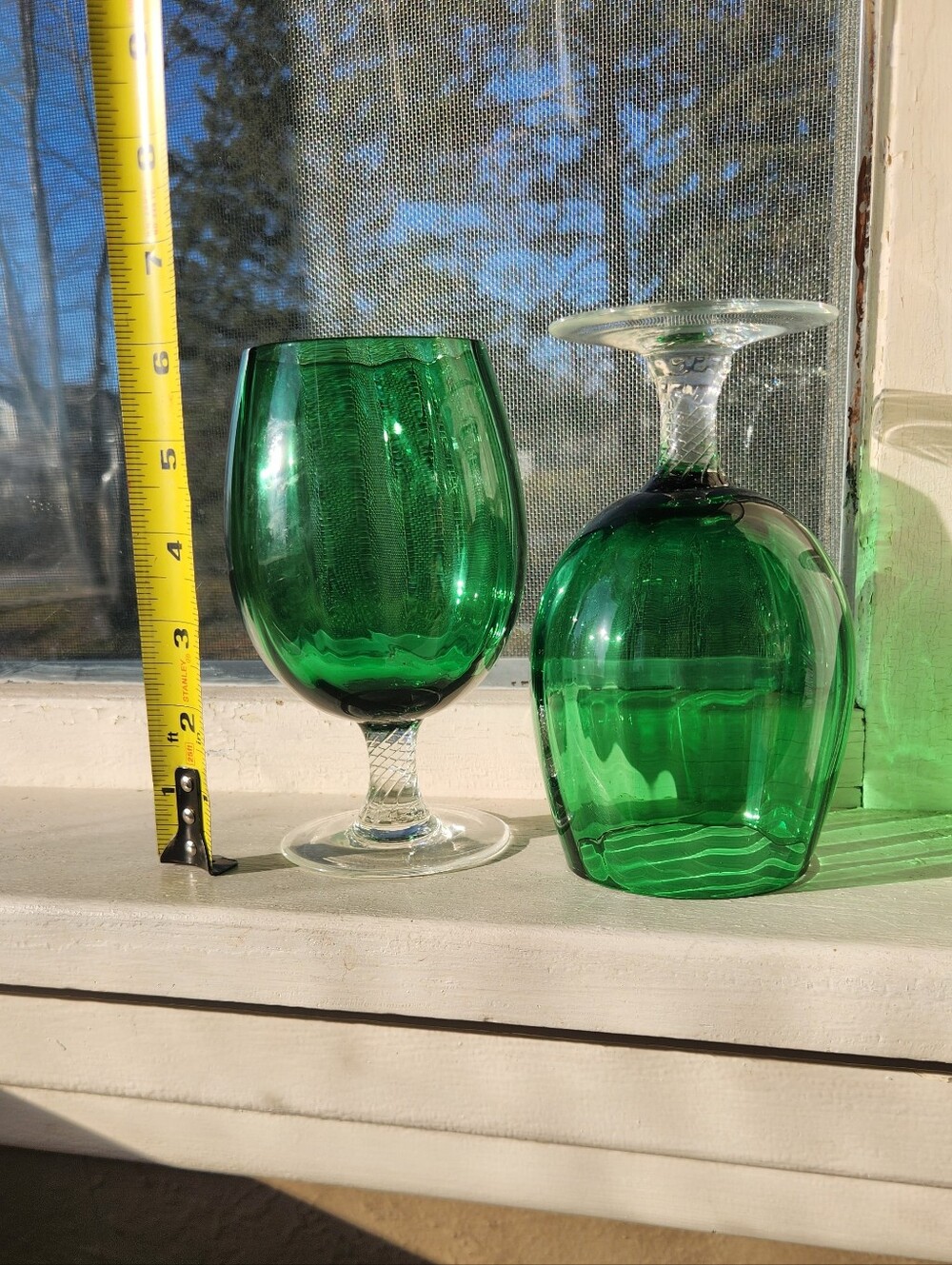 Set of 2 Vintage Empoli MCM Emerald Green Optic Glass Brandy Snifter Italy Pair - Picture 7 of 9